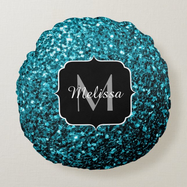 Aqua blue shiny faux glitter sparkles Monogram Round Pillow (Front)