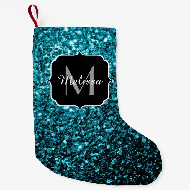 Aqua blue shiny faux glitter sparkles Monogram Small Christmas Stocking (Front)