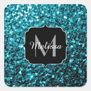 Aqua blue shiny faux glitter sparkles Monogram Square Sticker