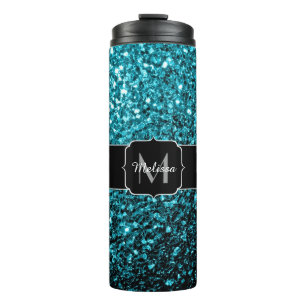 Aqua blue shiny faux glitter sparkles Monogram Thermal Tumbler