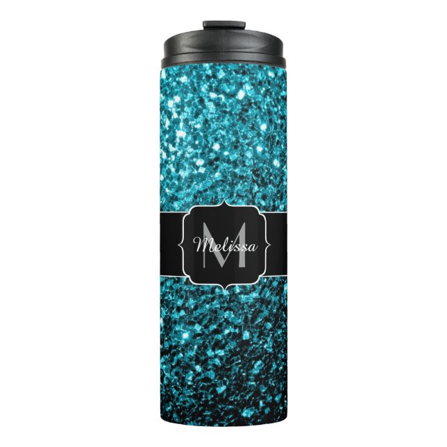 Aqua blue shiny faux glitter sparkles Monogram Thermal Tumbler (Front)