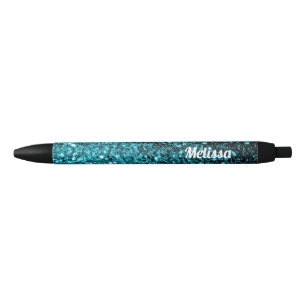 Aqua blue shiny faux glitter sparkles Personalize Black Ink Pen