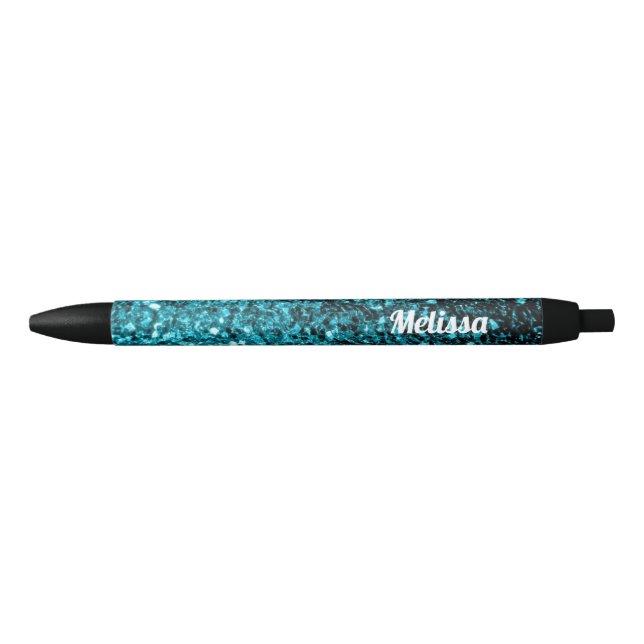 Aqua blue shiny faux glitter sparkles Personalize Black Ink Pen (Front)