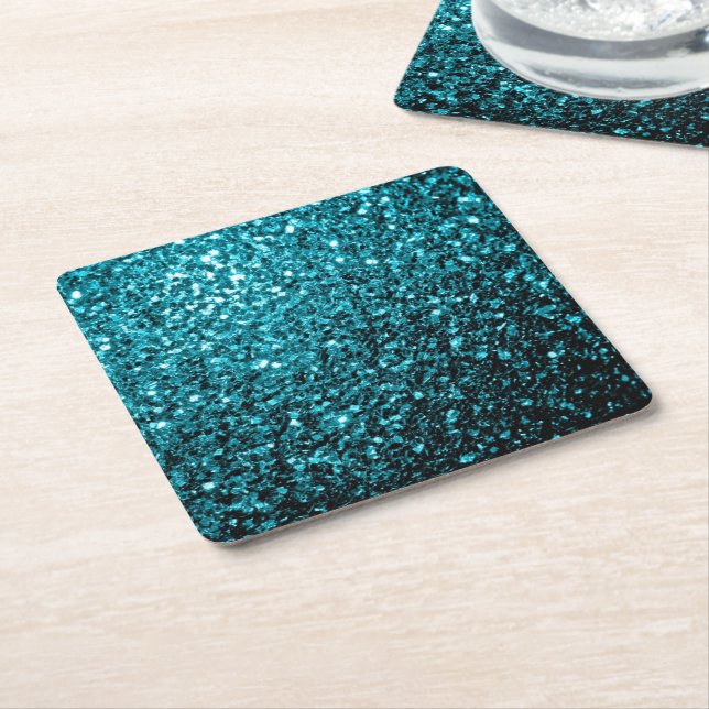 Aqua blue shiny faux glitter sparkles square paper coaster (Angled)