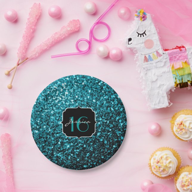 Aqua blue shiny faux glitter sparkles Sweet 16 Paper Plate (Party)