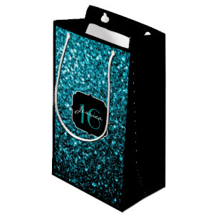 Aqua blue shiny faux glitter sparkles Sweet 16 Small Gift Bag