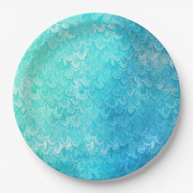 Aqua Blue Shiny Sea Shell Mermaid Fish Scales Paper Plate (Front)