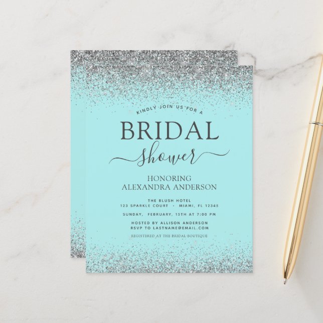 Aqua Blue Silver Glitter Bridal Shower Invitation (Front/Back In Situ)