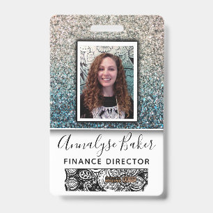 Aqua Blue Silver Glitter Employee Nurse Photo Name Badge