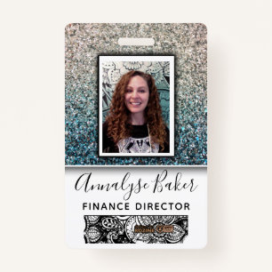 Aqua Blue Silver Glitter Employee Nurse Photo Name Badge
