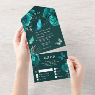  Aqua blue silver rose elegant butterfly glam  All In One Invitation