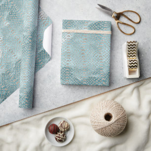 Aqua Blue Silver Snake Print Birthday Wrapping Paper