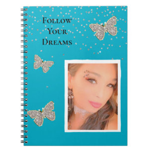 Aqua Blue Silver Sparkle Butterflies Your Photo Notebook