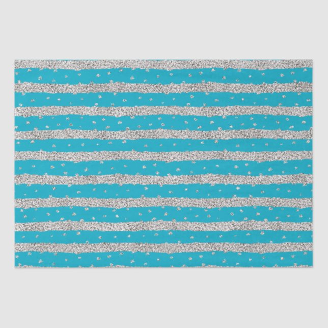 Aqua Blue Silver Sparkly Confetti Stripes Tissue Paper (Front)