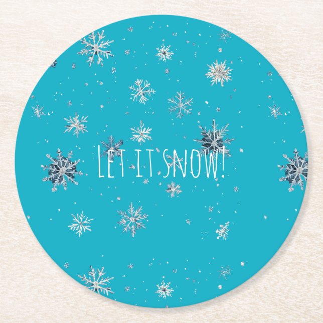 Aqua Blue Silver White Christmas Snowflakes Round Paper Coaster (Front)