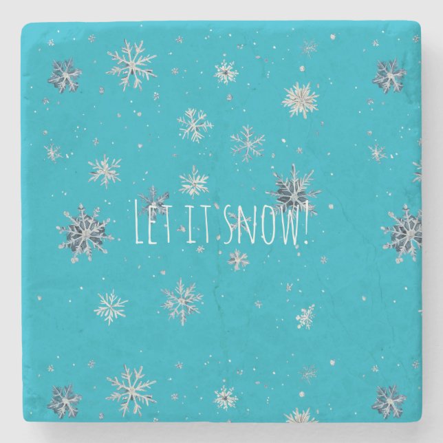Aqua Blue Silver White Christmas Snowflakes Stone Coaster (Front)