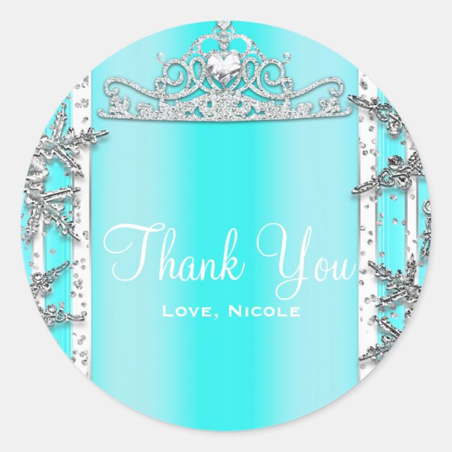 Aqua Blue & Silver Winter Snowflakes Sweet 16 Classic Round Sticker (Front)