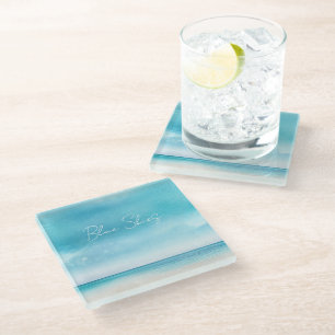 Aqua Blue Skies Sand Beach Ocean Glass Coaster