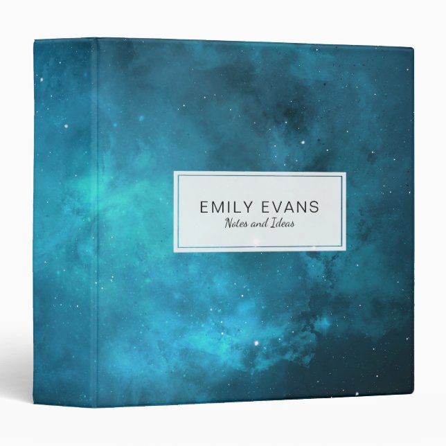Aqua Blue Space Galaxy Stars Pattern School Binder (Front/Spine)