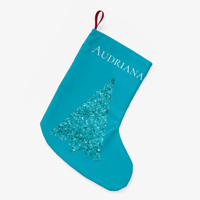 Aqua Blue Sparkle Christmas Tree Name Small Christmas Stocking (Front (Hanging))