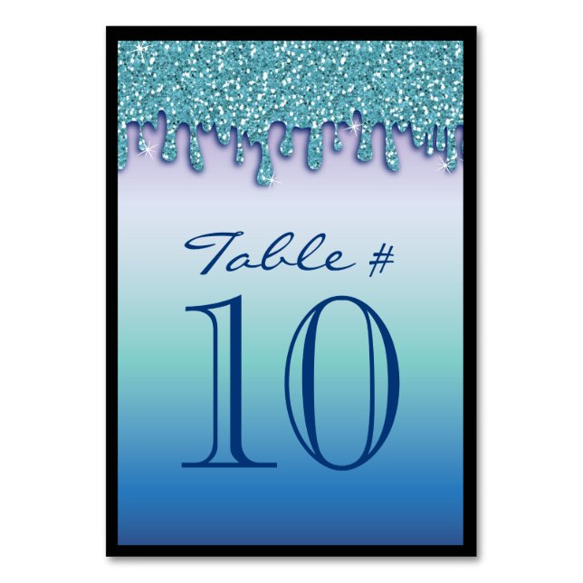 Aqua Blue Sparkle Drippy Drip Table Number Seating (Front)