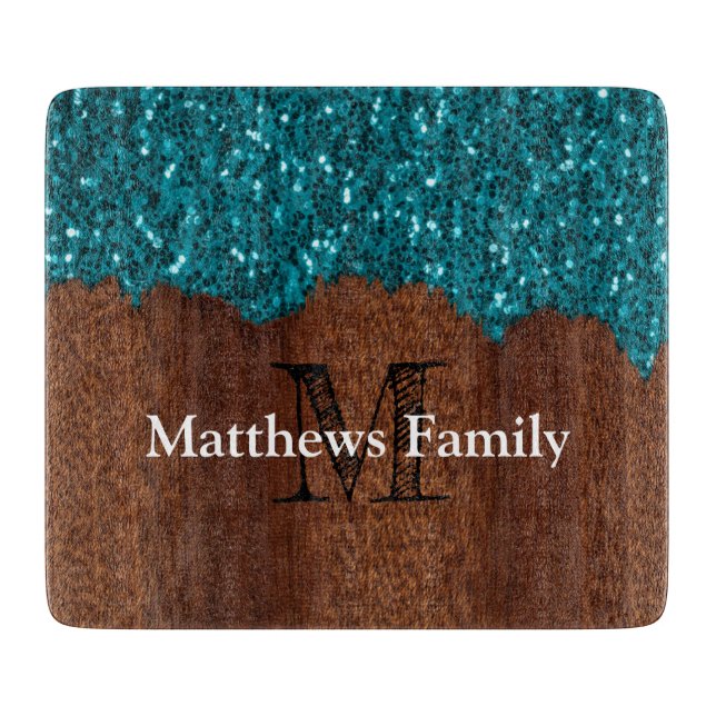 Aqua blue sparkle rustic wood family Monogram Door Cutting Board (Front)