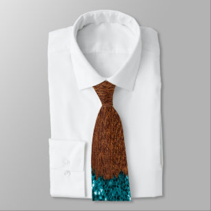 Aqua blue sparkles broken rustic brown wood tie