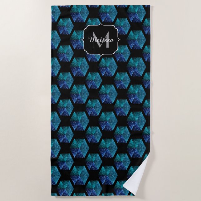 Aqua blue sparkles diamond geometric Monogram Beach Towel (Front)