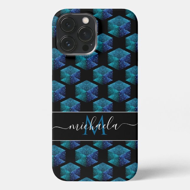 Aqua blue sparkles diamond geometric Monogram iPhone Case (Back)