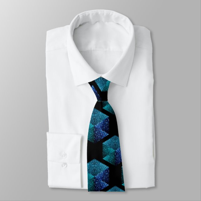 Aqua blue sparkles diamond geometric pattern black tie (Tied)