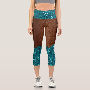 Aqua blue sparkles glitter rustic brown wood capri leggings