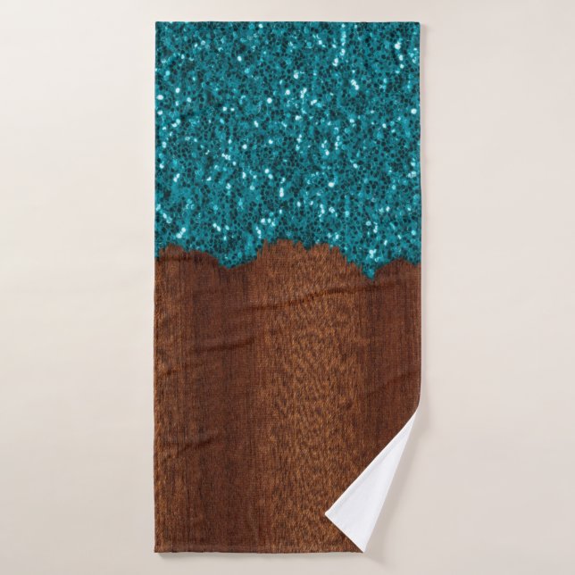 Aqua blue sparkles rustic brown wood bath towel (Bath Towel)