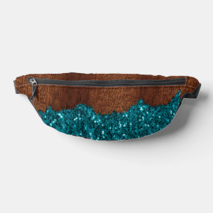 Aqua blue sparkles rustic brown wood fanny pack