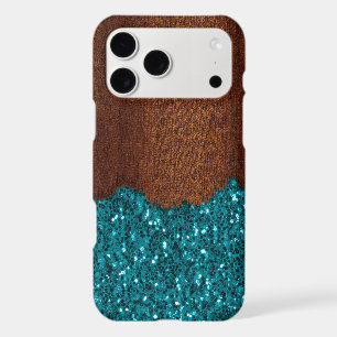 Aqua blue sparkles rustic brown wood faux