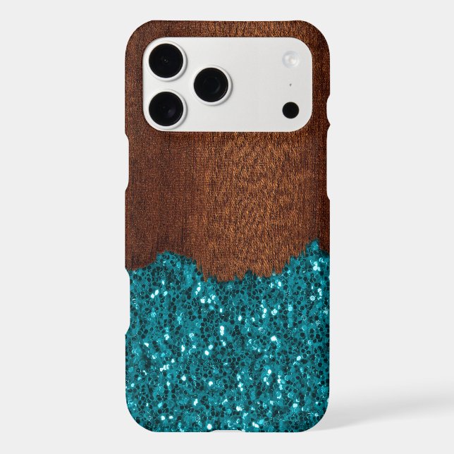 Aqua blue sparkles rustic brown wood faux (Back)