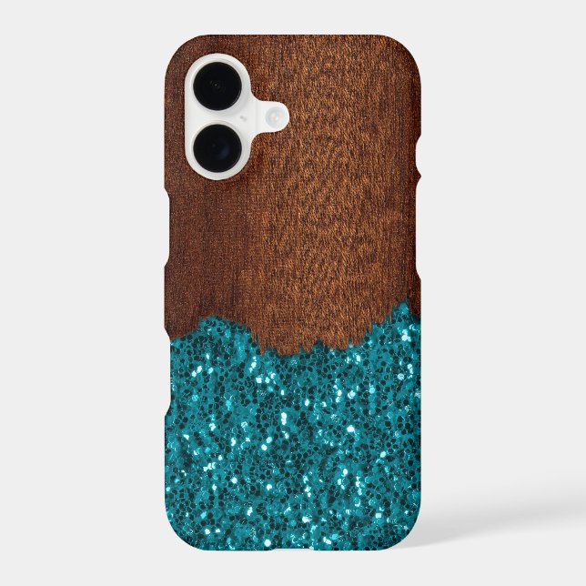 Aqua blue sparkles rustic brown wood faux iPhone case (Back)