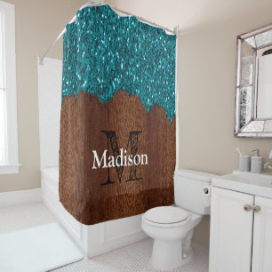 Aqua blue sparkles rustic brown wood Monogram
