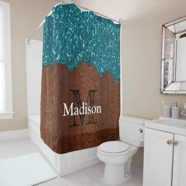 Aqua blue sparkles rustic brown wood Monogram (In Situ)