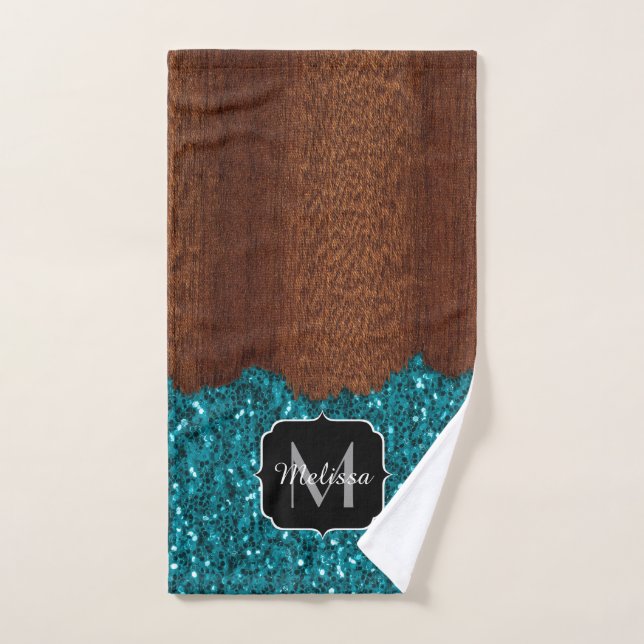 Aqua blue sparkles rustic brown wood Monogram Bath Towel Set (Hand Towel)