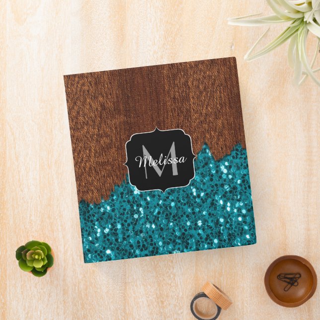 Aqua blue sparkles rustic brown wood Monogram Binder (In Situ)