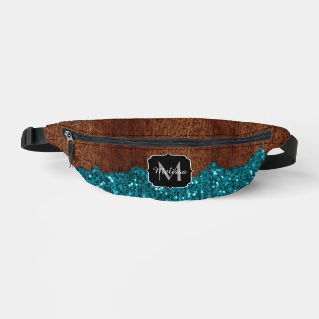 Aqua blue sparkles rustic brown wood Monogram Fanny Pack (Front)