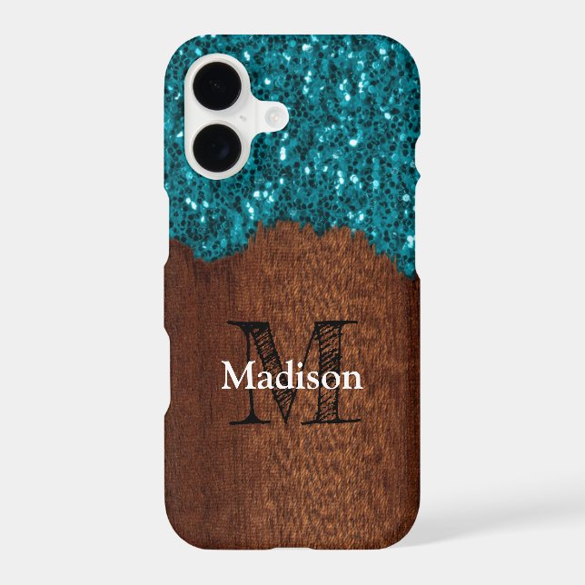 Aqua blue sparkles rustic brown wood Monogram iPhone Case (Back)