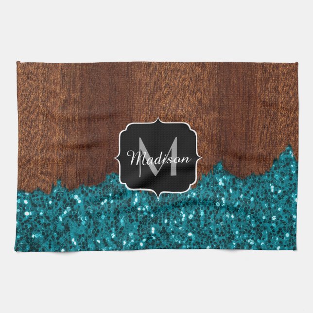 Aqua blue sparkles rustic brown wood Monogram Kitchen Towel (Horizontal)