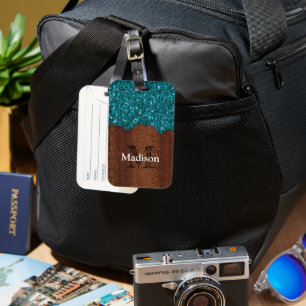 Aqua blue sparkles rustic brown wood Monogram Luggage Tag