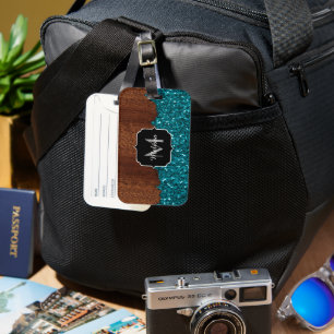 Aqua blue sparkles rustic brown wood Monogram Luggage Tag