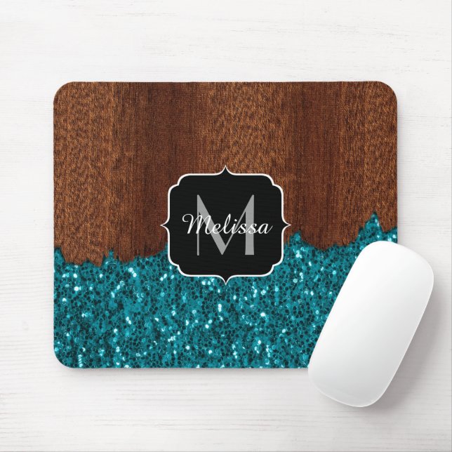 Aqua blue sparkles rustic brown wood Monogram Mouse Pad (With Mouse)