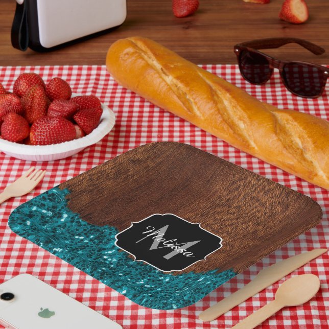 Aqua blue sparkles rustic brown wood Monogram Paper Plate (Picnic)