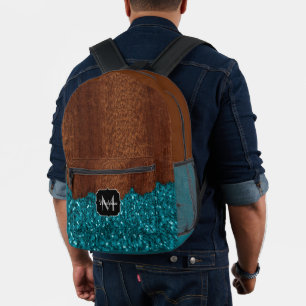Aqua blue sparkles rustic brown wood Monogram Printed Backpack