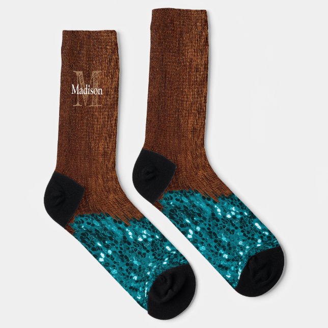 Aqua blue sparkles rustic brown wood Monogram Socks (Right)
