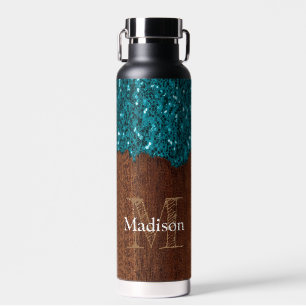 Aqua blue sparkles rustic brown wood Monogram Water Bottle